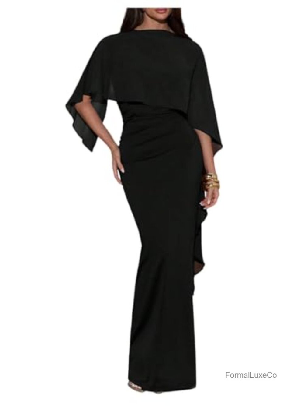 Elegant Asymmetrical Ruched Maxi Dress with Shawl High Stretch Polyester Formal